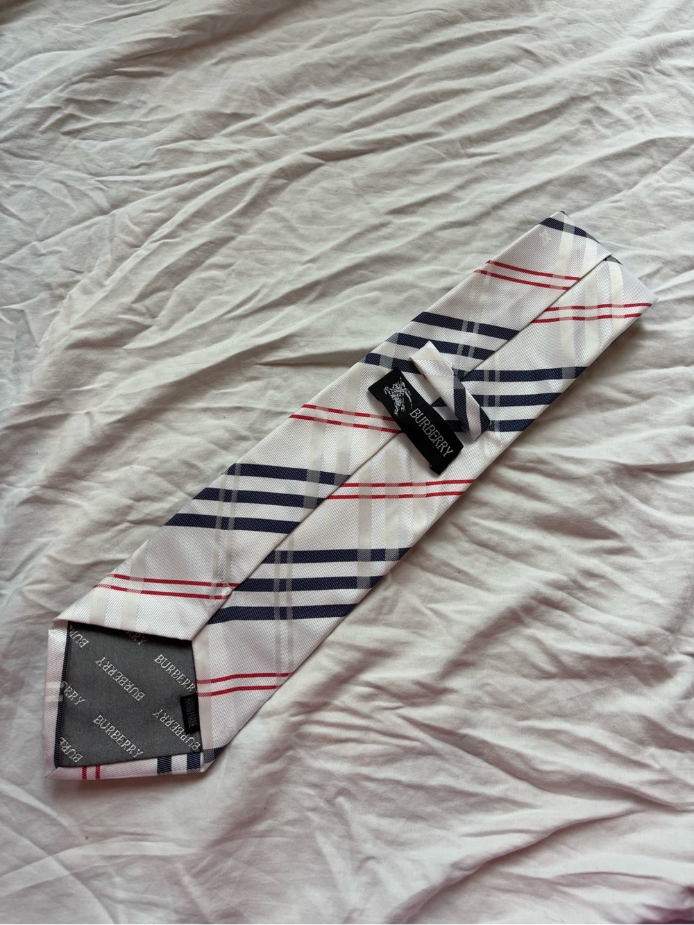 Burberry White Silk Tie with Navy and Red Plaid